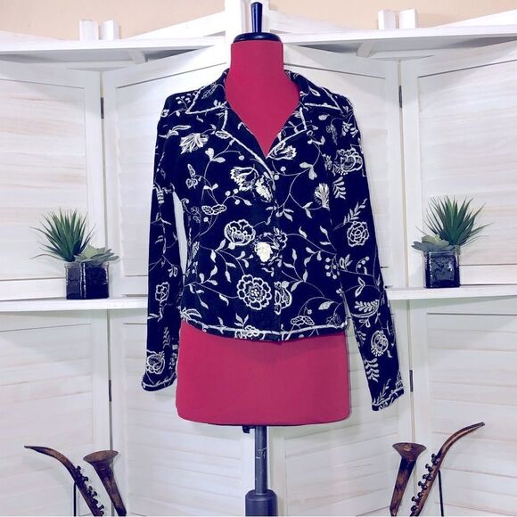 Vintage 90s A La Mode Black Floral Embroidered Blazer Small - Picture 2 of 8